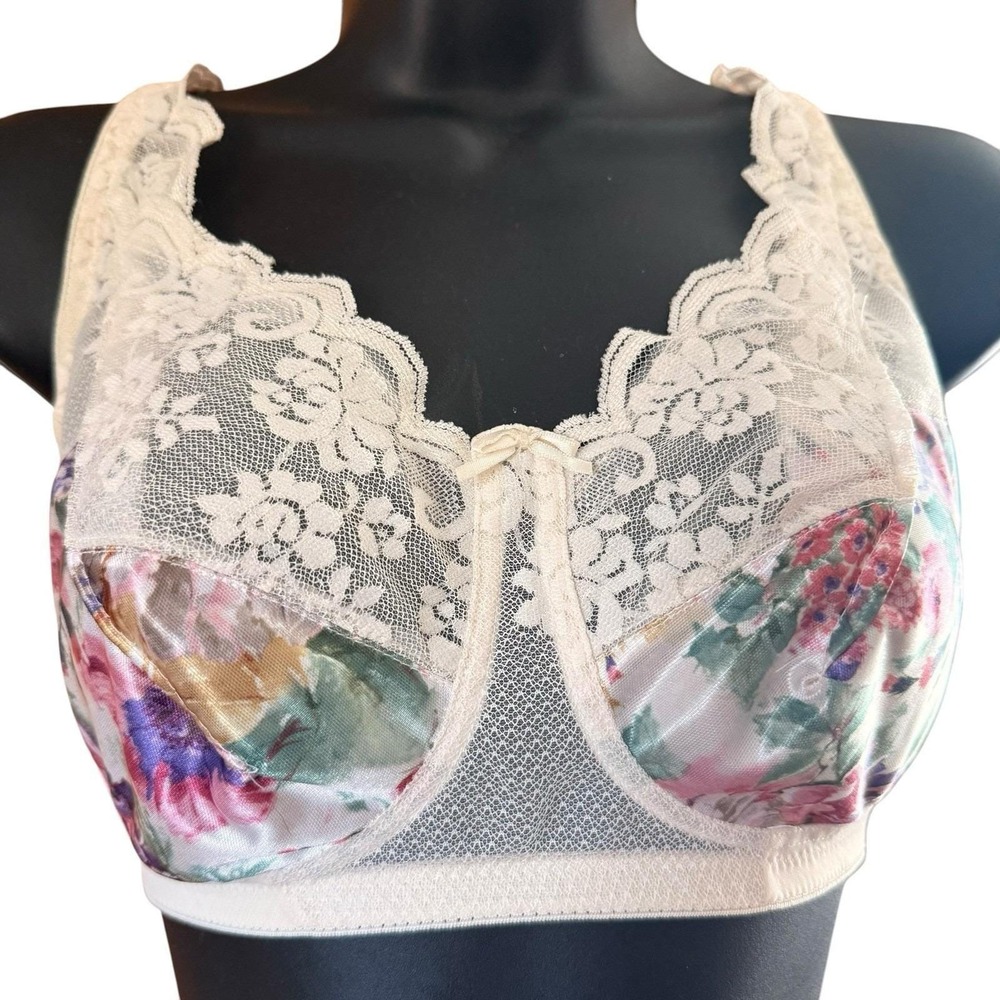 Vintage Maidenform Chantilly Bra 34DD Lace Wireless Floral Silky Satin‎ Unlined